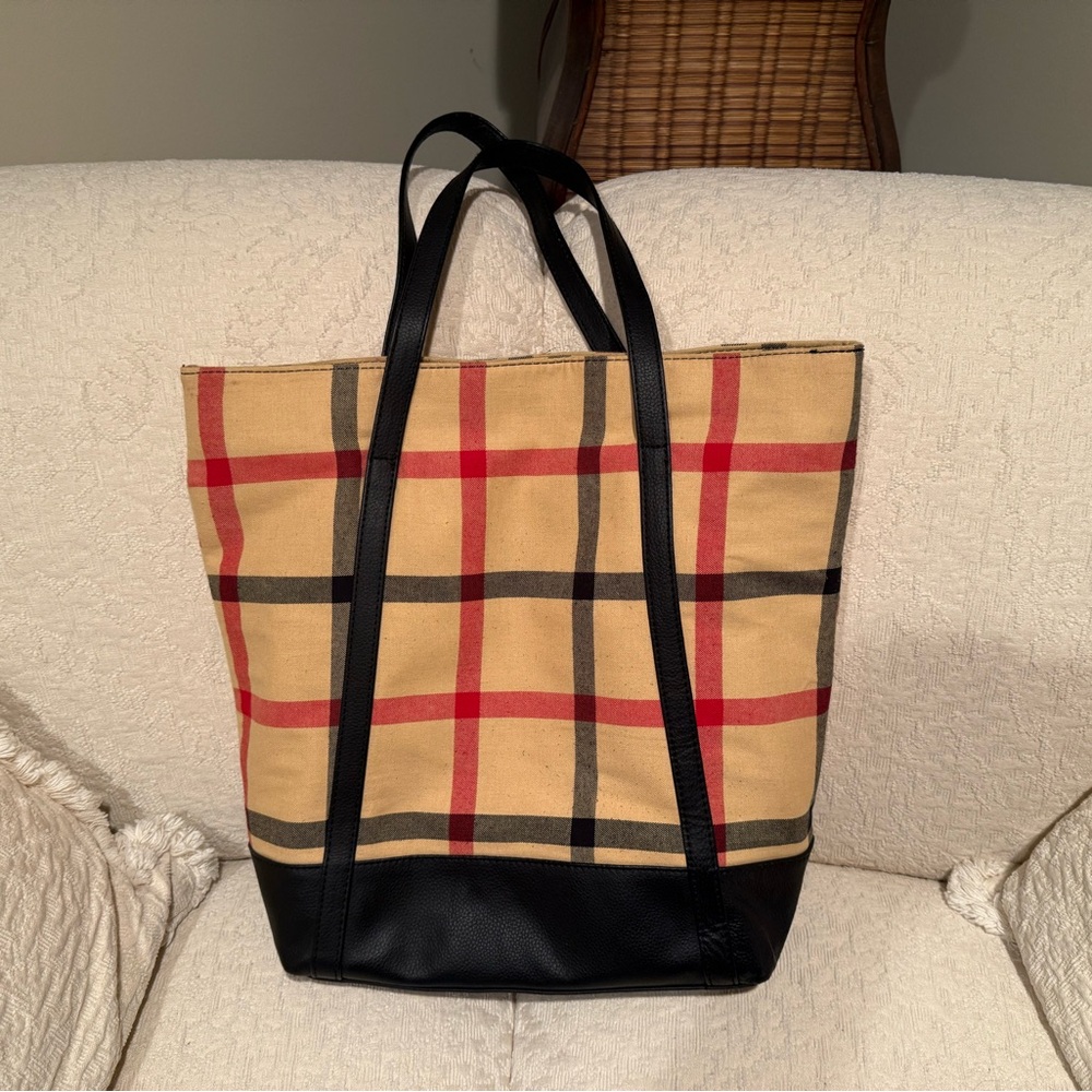 Joy & Iman Beige Red and Black Plaid Large Unisex Tote Bag with dual handles.